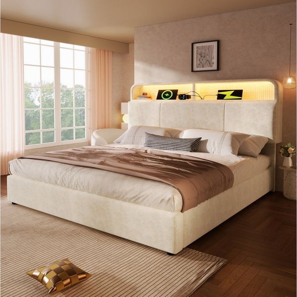 TavilaEcon Polsterbett Höhenverstellbares Bett mit LED-Beleuchtung, USB-Ladestation (1-tlg), mit großzügigem Stauraum, 180×200cm, beige