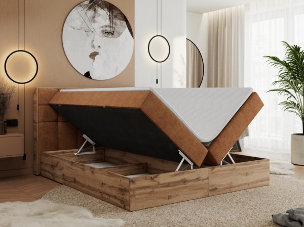 Boxspringbett mit Kopfteil und Topper, Polsterbett - ALBERO 1 - 200 x 200 cm - Orange Stoff - H4 Bild 3