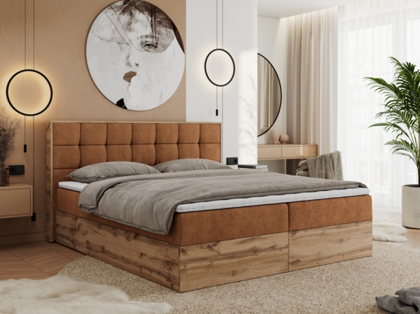 Boxspringbett mit Kopfteil und Topper, Polsterbett - ALBERO 1 - 200 x 200 cm - Orange Stoff - H4