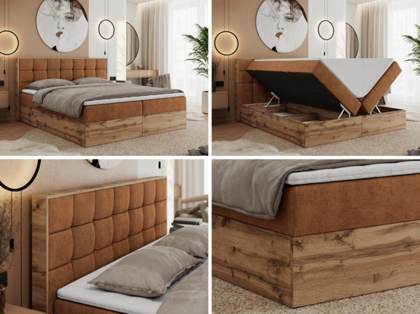 Boxspringbett mit Kopfteil und Topper, Polsterbett - ALBERO 1 - 200 x 200 cm - Orange Stoff - H4 Bild 2