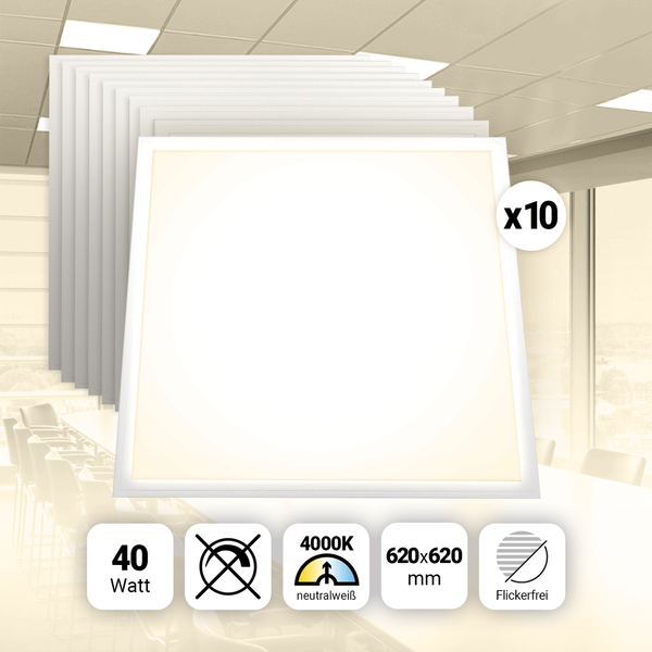10x LED Panel 62x62 cm Neutralweiß 4000K 40W 3400lm Slim Alu PLe 2.2