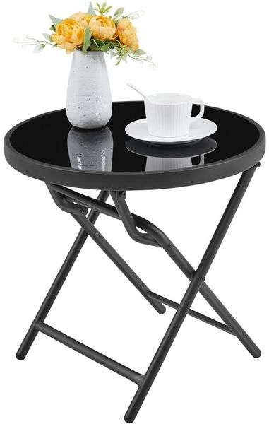 Yaheetech Gartentisch Runder Klappbarer Beistelltisch aus Siebdruckglas & Metall, ø46 cm Klapptisch Keine Montage Erforderlich für Außenbereich