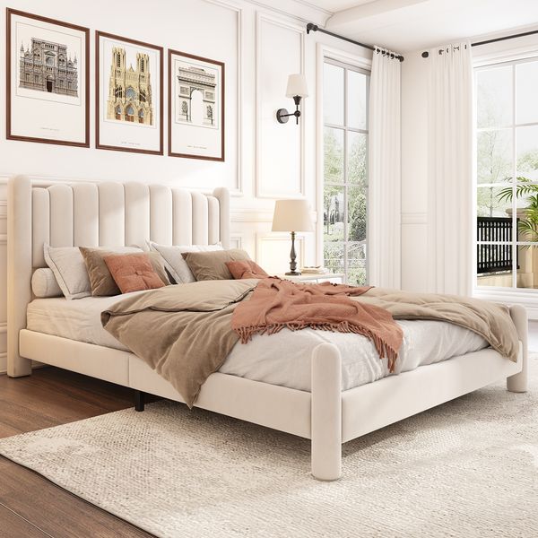 Merax Doppelbett, Polsterbett 160*200cm mit Lattenrost und Kopfteil, Stilvolles fächerförmiges Kopfteil, Zylindrische Stützbeine,Samt, Beige