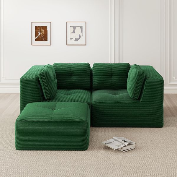 Ecksofa modular 69cm×208cm×177cm in Grün – L-Form mit beweglicher Fußstütze aus Cord