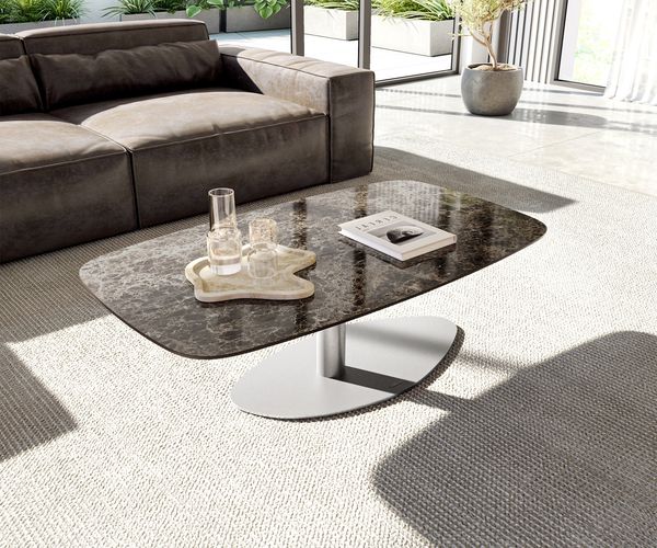 Couchtisch Edge Boot 120x70 cm Keramik Emperador Extra Lucidato Dunkelbraun Vibany Edelstahl gebürstet