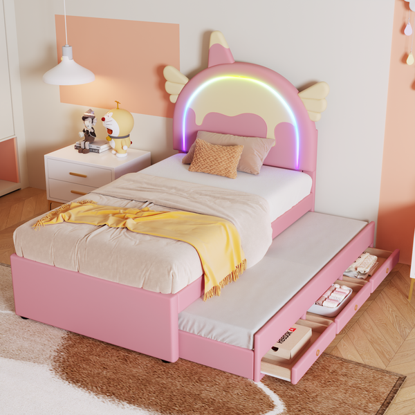 Kinderbett 90×200 cm mit Ausziehbett und Schubladen, Einhorn-Design, Rosa, ohne Matratze