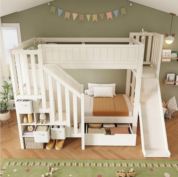 REDOM Hochbett Etagenbett mit Rutsche, Leiterschrank & großen Schubladen in Weiß (Packung, 1-St, Das praktische und spaßige Bett für Familien mit mehreren Kindern) 2x 90x200 cm, mit offenem Regal & inkl. Lattenrosten,ohne Matratze