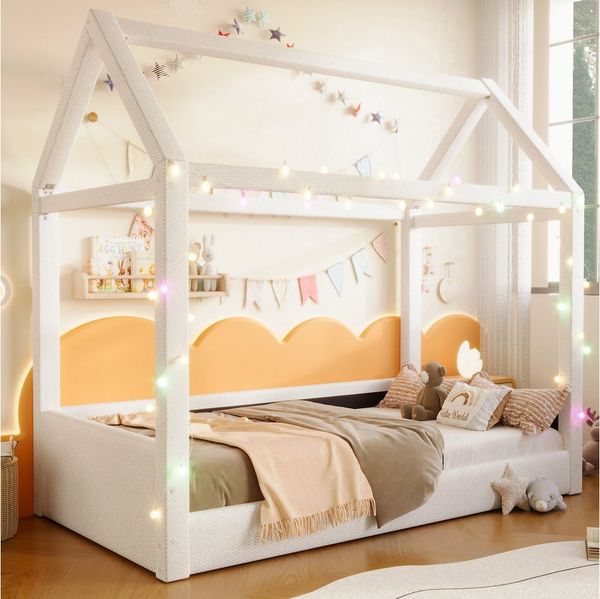 Flieks Kinderbett, Hausbett Tagesbett Einzelbett 90x200cm mit LED-Lichtleisten