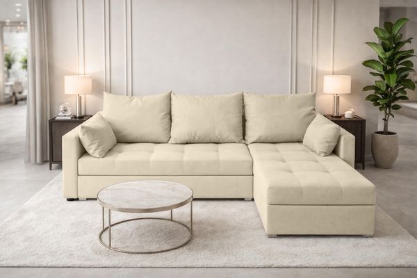 AX LIVING Ecksofa ELIF Creme mit Schlaffunktion L-Form, Sofa mit Bettkasten - Moderne Ecksofa, Wohnzimmer Ecksofa - Eckcouch Creme - Rechts
