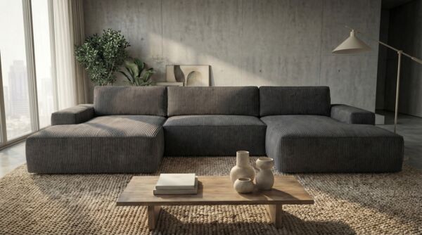 Ecksofa EINAR 362x170 cm mit Schlaffunktion, Bonellfederkern und Bettkasten, Farbe: Dunkelgrau