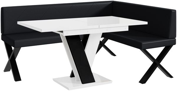 MEBLINI Eckbank für Esszimmer mit ausziehbarem Tisch - Küchenbank - Essecke - Sitzecke Küche - ERIC - X-Beine 128x168x87cm Rechts - Schwarz Kunstleder/M Weiß-Schwarz Hochgl.