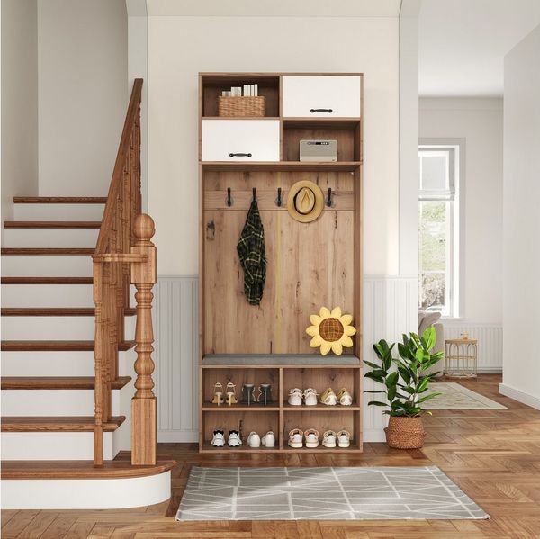 Merax Garderobenschrank Garderobenset, 2-in-1 Garderobenständer (1-St, mit Schuhschrank,5 Haken, 2 Türen, 6 offenen Fächern) Flurmöbel, Flurgarderobe, 80×185×30 cm