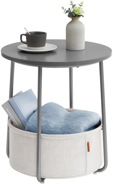 VASAGLE Beistelltisch rund, Kleiner Tisch, Couchtisch klein, Wohnzimmertisch, Korb aus Stoff, Stauraum für Wohnzimmer Schlafzimmer, Nachttisch modern, zementgrau-cremeweiß LET223G49