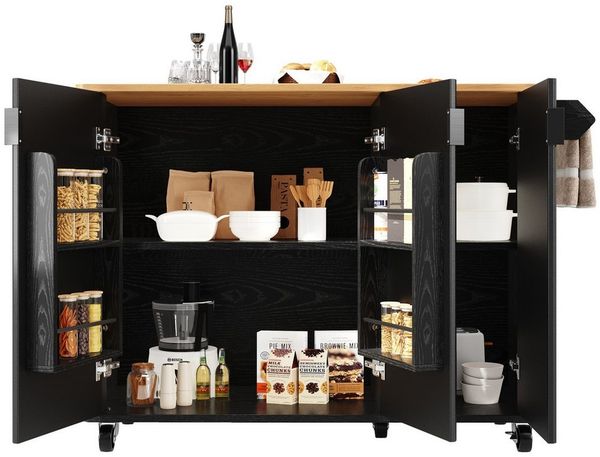 KLAM HOME Kücheninsel Kücheninsel, Speisewagen mit Holzmaserung, Buffet, 130x45(75)x92cm, (Ausziehbarer Küchenwagen auf Rädern mit Handtuchhalter), Gewürzregal, Trennwände verstellbar, 3 Türen, weiß/schwarz