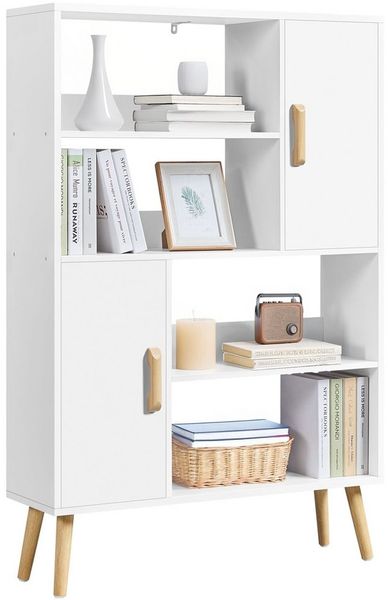 Yaheetech Bücherregal 4-Stufiges Standregal mit 2 Schrankfächern mit Türen, Modernes Offenes Standregal mit Holzfüßen