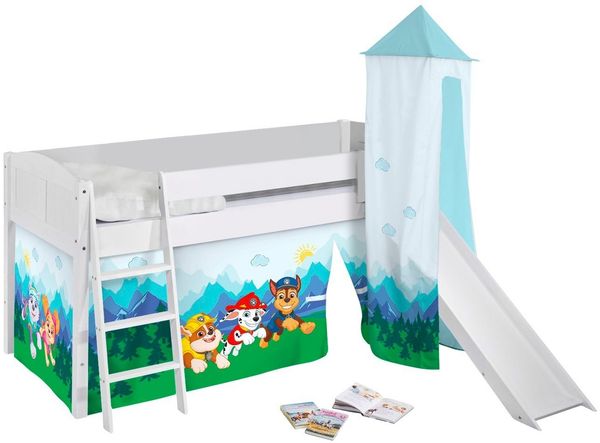 Lilokids Kinderbett Hochbett IDA Landhaus mit Rutsche, Vorhang & Turm PAW PATROL 200x90cm