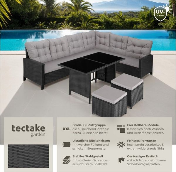 tectake Loungeset Rattan Sitzgruppe mit Sicherheitsglasplatten für 6 bis 8 Personen, (Gartenlounge-set Barletta, 6-tlg, 6-tlg. in Schwarz), widerstandsfähig und UV-beständig, dicke Rückenkissen