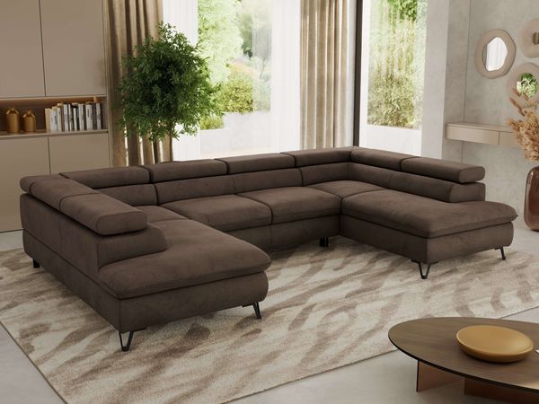 MKS Möbel 'Pablo U-Form' Wohnlandschaft mit Bettkasten, Braun, Samt, T25 Topper