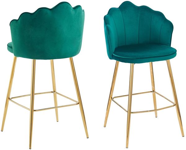 Barhocker Grün 2er Set 52 x 54 cm Samt Muscheldesign mit Metallgestell Gold