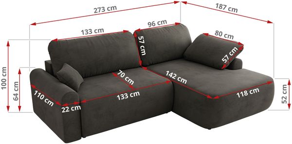 Ecksofa, L-förmiges, lose Kissen, DL-Schlaffunktion, (H 100 x T 187 x B 273 cm) - CUBO L - Velours Dunkelgrau - rechte Seite Bild 6