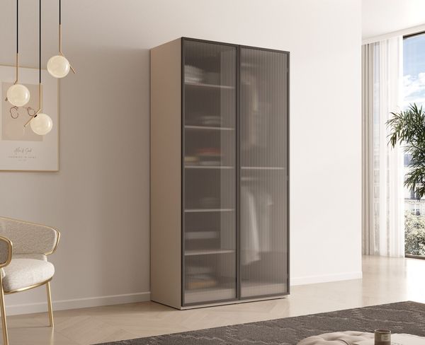 MOEBLO Drehtürenschrank MINEWRA FLUTES (Kleiderschrank 2/4/6 türig Schrank Garderobe, Schlafzimmer, Drehtürenschrank, Falttürenschrank, Schrank mit Einlegeböden und Kleiderstange, Kaschmir) (BxHxT): 101/200/303x200x49 cm