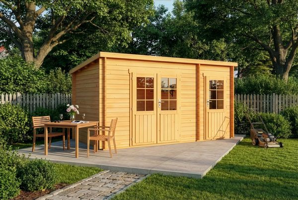 Alpholz Pultdach Gartenhaus Maria mit Anbau Gartenhaus aus Holz in Pinie Holzhaus mit 40 mm Wandstärke Blockbohlenhaus mit Montagematerial