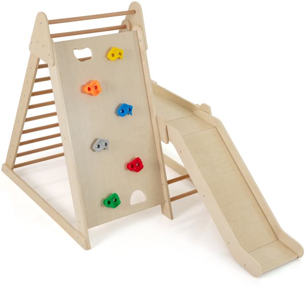 3 in 1 Kletterleiter & Kletterwand & Rutsche Indoor Klettergerüst zum Klettern & Rutschen Natur