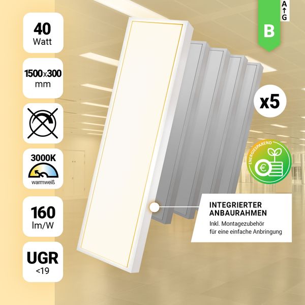 5x LED Anbaupanel 150x30 cm Warmweiß 3000K 40W UGR