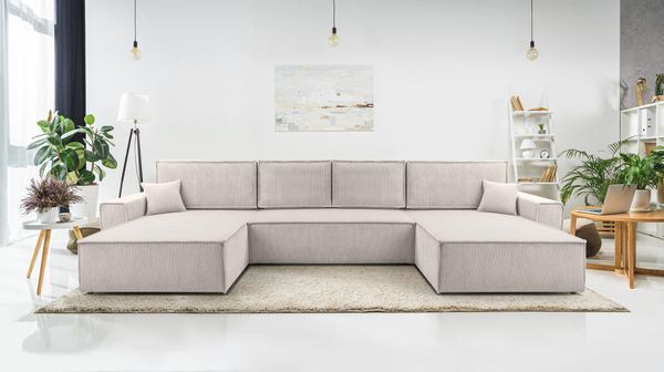 AX LIVING Weiß Sofa U mit Schlaffunktion Cedria U Wohnlandschaft 389 cm