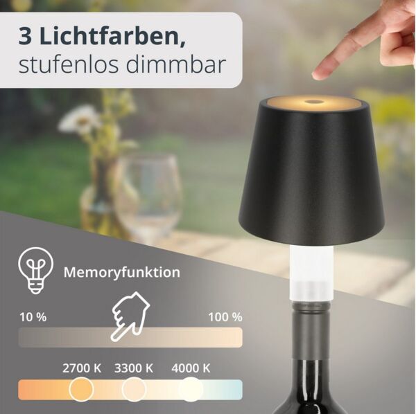 ADE Tischleuchte LED-Flaschenlampe mit Akku und 12 Stunden Laufzeit, LED fest integriert, Tageslichtweiß, Warmweiß, Kaltweiß, kabellose Tischleuchte, 3 Lichtfarben