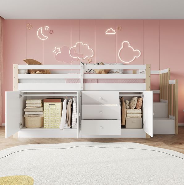 Multifunktionales Hochbett 90x200 cm, Weiß, mit Treppe, Schränken & Schubladen (ohne Matratze)