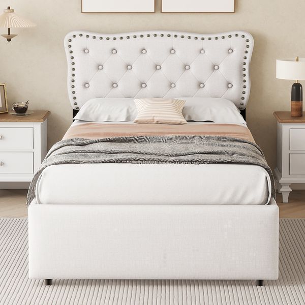 Bett Polsterbett 90x200 cm in Hellbeige mit Stauraum und verstellbarem Nachttisch,Hellbeige