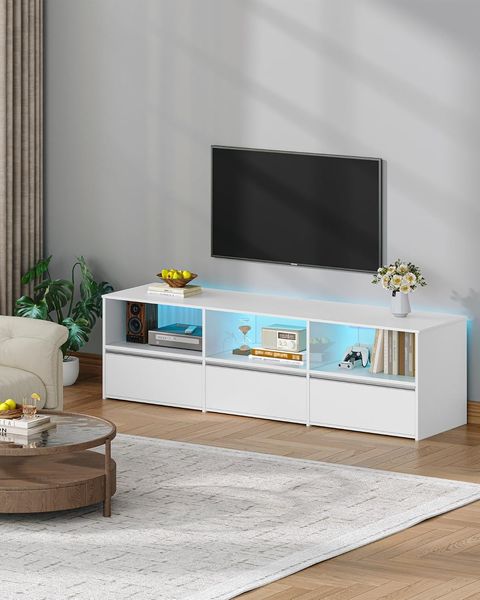 TV-Schrank, Lowboard für Fernseher bis zu 65 Zoll mit RGB LED Beleuchtung (25 Farben), 143,5 lang, TV Board mit 3 Schubladen, 3 offenen Fächern für Wohnzimmer, Schlafzimmer, Weiß