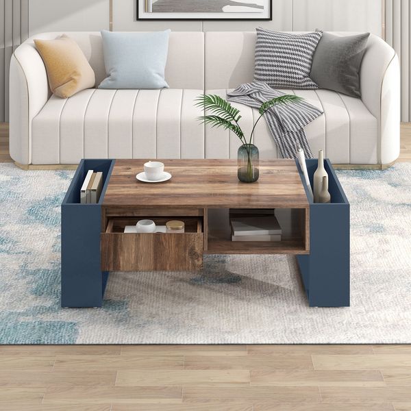 Couchtisch aus Holzmaserung, mit Eine grifflose Schublade, ein Staufach und Heckstaufach,doppelseitiger Stauraum. Mit Staufächern auf beiden Seiten. Wohnzimmer-Sofatisch, großer Stauraum. Anthrazit.