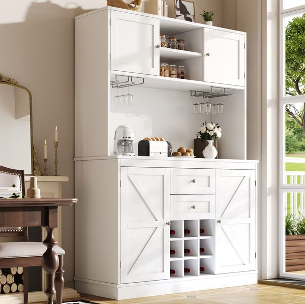 Küchenschrank 120 x 40 x 188 cm mit verstellbaren Ablagen, offenen Fächern und Weinregal – Buffetschrank aus MDF in Weiß