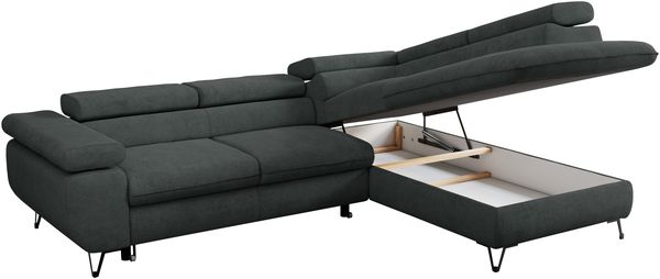 Mks Möbel 'Peter L-form' Ecksofa mit Bettfunktion, Bettkasten & einstellbaren Kopfstützen, Dunkelgrau, Stoff, mit Topper, rechts Bild 5