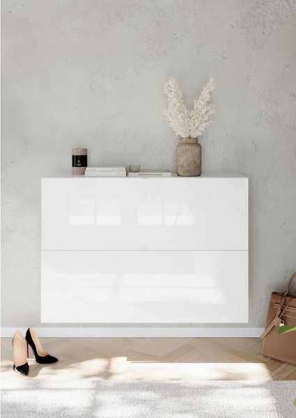 OTTO home Schuhschrank SMILE Breite 104 cm, 2 Klappen, komplett Weiß Hochglanz lackiert, Schuhkipper hängend o. stehend montierbar, 4 Fächer, Metallgriffe