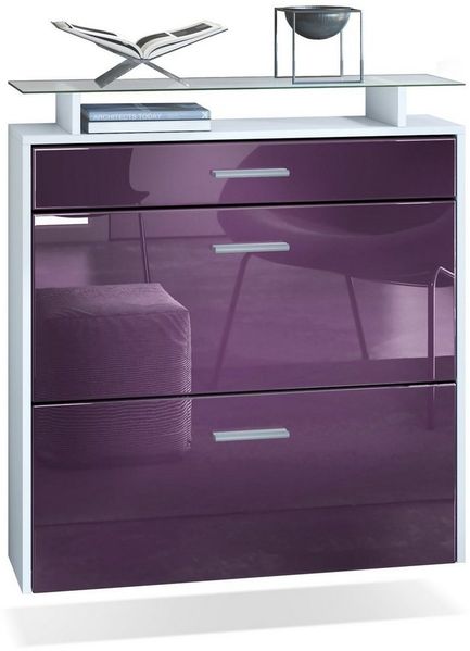 Vladon Schuhschrank Malea, hängender Schuhkipper für 16 Paar Schuhe mit 2 Klappen und 1 Schublade und Glasablage, Weiß matt/Brombeer Hochglanz (89 x 96 x 23 cm)