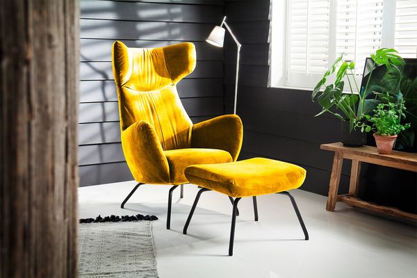 KAWOLA Sessel LOTTE Ohrensessel velvet curry mit Hocker 117 x 82 x 79 cm