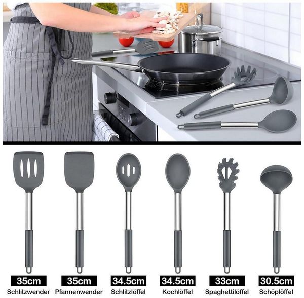 LuxusKollektion Kochbesteck-Set Küchenhelfer 6tlg Silikon Kochlöffel Edelstahl Grau