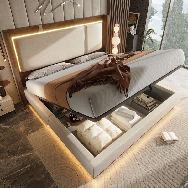 140x190 Doppelbett Polsterbett mit Lattenrost, LED & Bettkasten, Hydraulik, Leinen Beige & Walnuss, ohne Matratze
