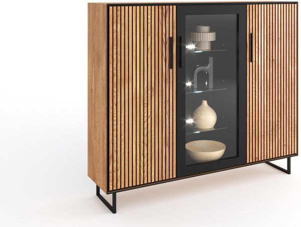 Highboard >Eddie< in Eiche / schwarz, Eiche teilmassiv - 146x147x40cm (BxHxT)