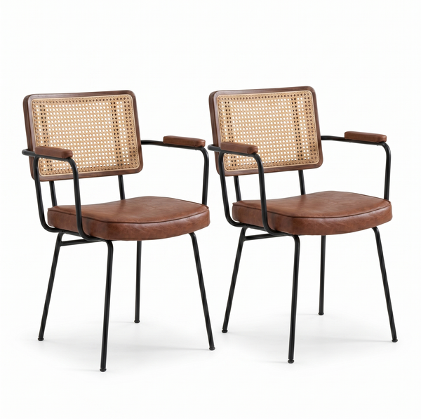 LVHOM 2er Set Armlehnenstuhl aus PU & Massivholz, Esszimmerstuhl mit Rattan-Optik, Polsterstuhl mit Metallbeinen, Braun