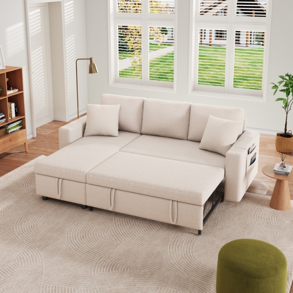 Merax Schlafsofa mit Schlaffunktion, L-förmiges Sofa, Sofa-Chaiselongue mit Stauraum, mit Taschenaufbewahrung, Wohnzimmer-Schlafsofa, links und rechts austauschbare Chaiselongue. Beige