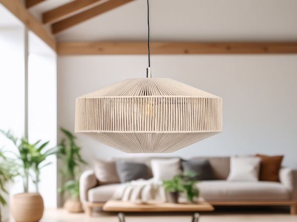 Große Boho Pendelleuchte SVEA Lampenschirm aus Baumwolle Beige, Ø 61cm