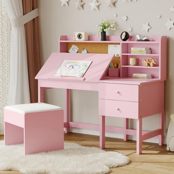 GarveeMore Kinderschreibtisch - und Stuhlset,Holzschreibtisch mit verstellbarer Tischplatte, Schubladen und Korktafel,Lernset für Jungen und Mädchen von 3–8 Jahren
