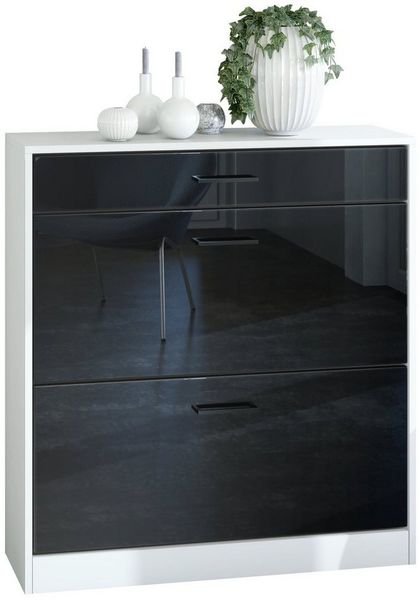 Schuhschrank Schuhkipper Elvas 89 x 95,5 x 27 cm, Korpus in Weiß Matt, Front in Schwarz Hochglanz