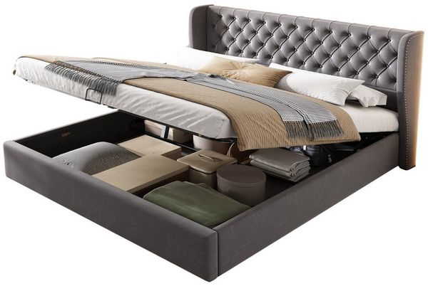 BlingBin Polsterbett Doppelbett Hydraulisches Funktionsbett mit Lattenrost und Stauraum (1er Set, 1-tlg, 160*200cm, Ohne Matratze, Belastbarkeit maximal: 300KG, Grau), Bettunterseite ist mit Einem Schmutzabweisenden Schwarzen Vliesstoff