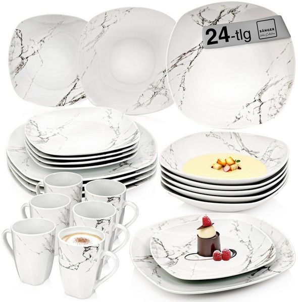 SÄNGER Tafelservice Bilgola Marmor, Weiß (24-tlg), 6 Personen, Porzellan, Kombiservice, Erweiterbar, PREMIUM COLLECTION