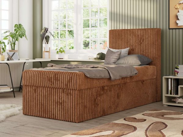 TILIO Jugendbett 90x200 mit Bettkasten - Boxspringbett mit 7-Zonen-Taschenfederkernmatratze, hohes Kopfteil, Einzelbett mit Stauraum - Orange Cordstoff - H4 - Rechts